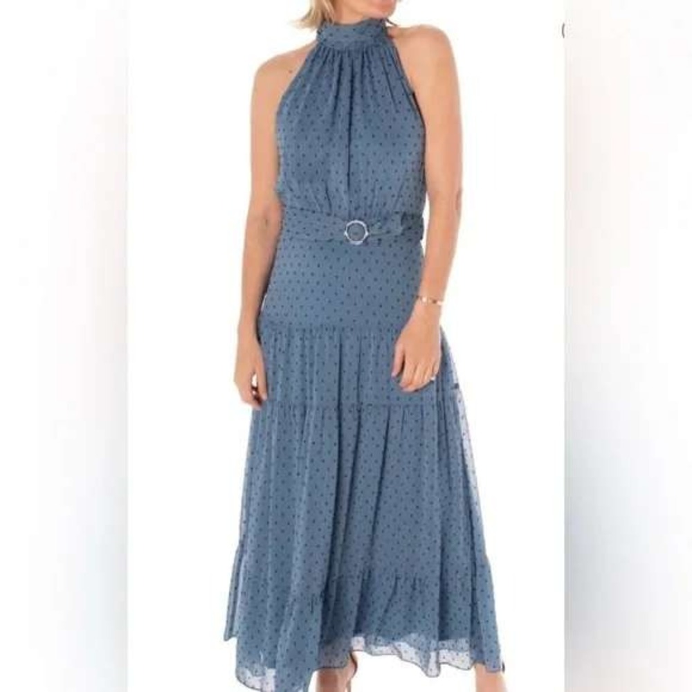 Taylor Womens Maxi Dress‎ Blue Polka Dot Swiss Halter Neck Belted Sleeveless 6